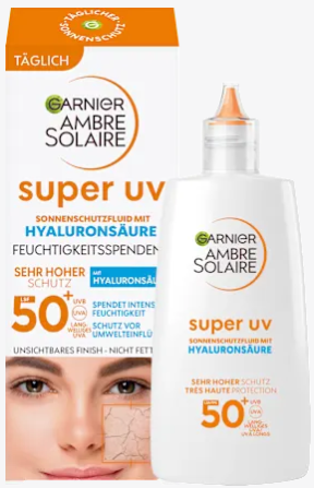 Protetor Solar Garnier Ambre Solaire Sun Fluid Face Super UV com Ácido Hialurônico, FPS 50+, 40 ml